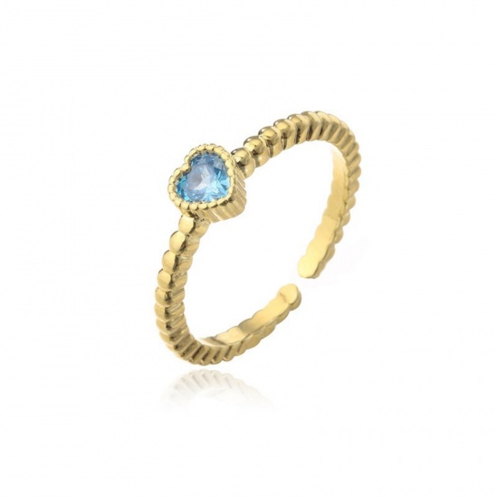 Bild von Großhandel Frauen Geschenk Herz Blau Kubisches Zirkonia Offen Verstellbar Ring, 18K Vergoldet Messing, Valentinstag Stilvoll Schmuckbedarf, 1 Stück
