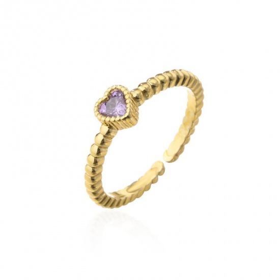 Bild von Großhandel Frauen Geschenk Herz Lila Kubisches Zirkonia Offen Verstellbar Ring, 18K Vergoldet Messing, Valentinstag Stilvoll Schmuckbedarf, 1 Stück