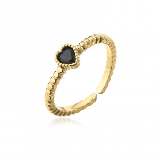 Bild von Großhandel Frauen Geschenk Herz Schwarz Kubisches Zirkonia Offen Verstellbar Ring, 18K Vergoldet Messing, Valentinstag Stilvoll Schmuckbedarf, 1 Stück