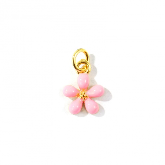 Imagen de 2 Unidades Respetuoso del Medio Ambiente Latón Colgantes Al Por Mayor 18K Oro Real Chapado Rosado Esmalte Flor Mini 14mm x 9mm