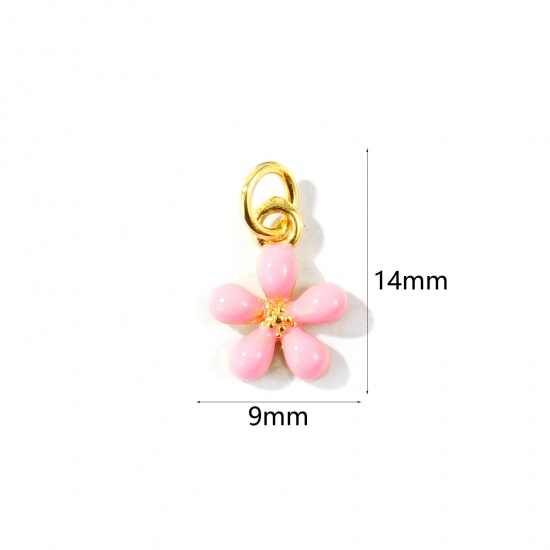 Imagen de 2 Unidades Respetuoso del Medio Ambiente Latón Colgantes Al Por Mayor 18K Oro Real Chapado Rosado Esmalte Flor Mini 14mm x 9mm