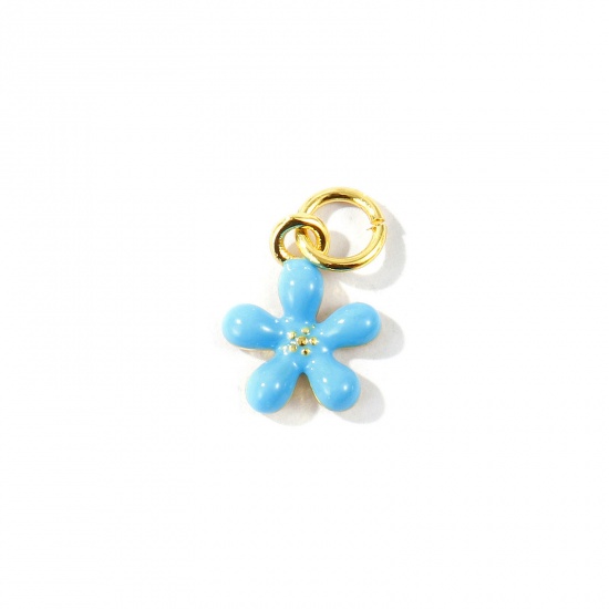 Imagen de 2 Unidades Respetuoso del Medio Ambiente Latón Colgantes Al Por Mayor 18K Oro Real Chapado Azul Esmalte Flor Mini 14mm x 9mm