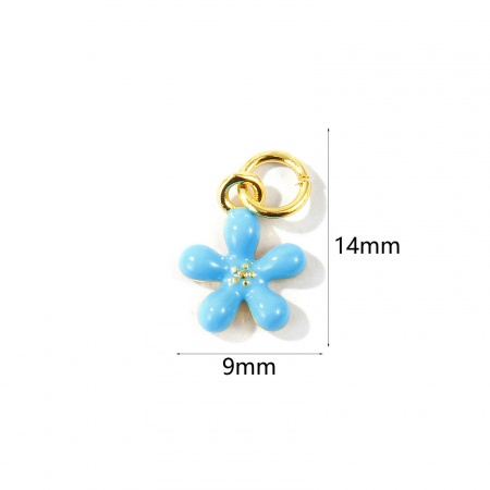 Imagen de 2 Unidades Respetuoso del Medio Ambiente Latón Colgantes Al Por Mayor 18K Oro Real Chapado Azul Esmalte Flor Mini 14mm x 9mm