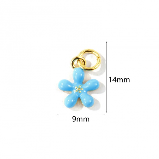 Imagen de 2 Unidades Respetuoso del Medio Ambiente Latón Colgantes Al Por Mayor 18K Oro Real Chapado Azul Esmalte Flor Mini 14mm x 9mm