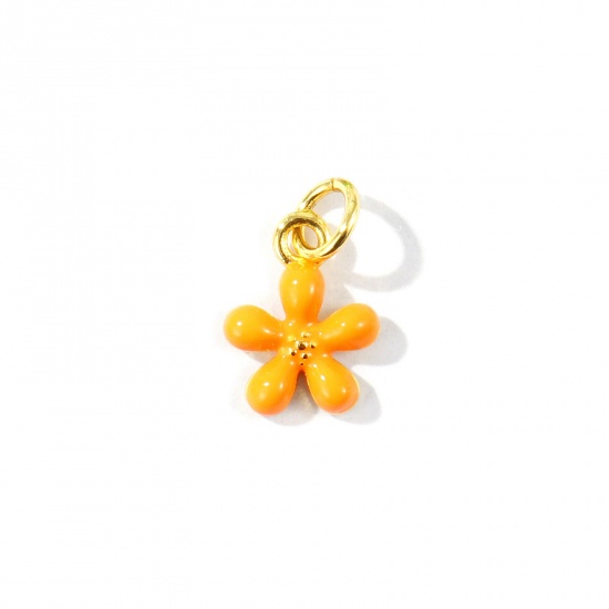 Imagen de 2 Unidades Respetuoso del Medio Ambiente Latón Colgantes Al Por Mayor 18K Oro Real Chapado Naranja Esmalte Flor Mini 14mm x 9mm