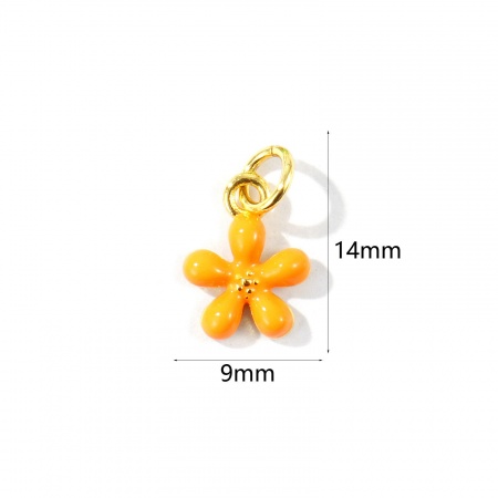 Imagen de 2 Unidades Respetuoso del Medio Ambiente Latón Colgantes Al Por Mayor 18K Oro Real Chapado Naranja Esmalte Flor Mini 14mm x 9mm