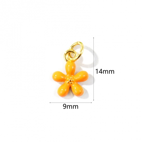 Imagen de 2 Unidades Respetuoso del Medio Ambiente Latón Colgantes Al Por Mayor 18K Oro Real Chapado Naranja Esmalte Flor Mini 14mm x 9mm