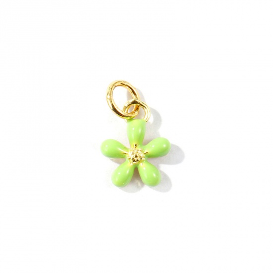 Imagen de 2 Unidades Respetuoso del Medio Ambiente Latón Colgantes Al Por Mayor 18K Oro Real Chapado Verde Esmalte Flor Mini 14mm x 9mm