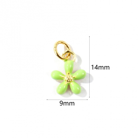 Imagen de 2 Unidades Respetuoso del Medio Ambiente Latón Colgantes Al Por Mayor 18K Oro Real Chapado Verde Esmalte Flor Mini 14mm x 9mm