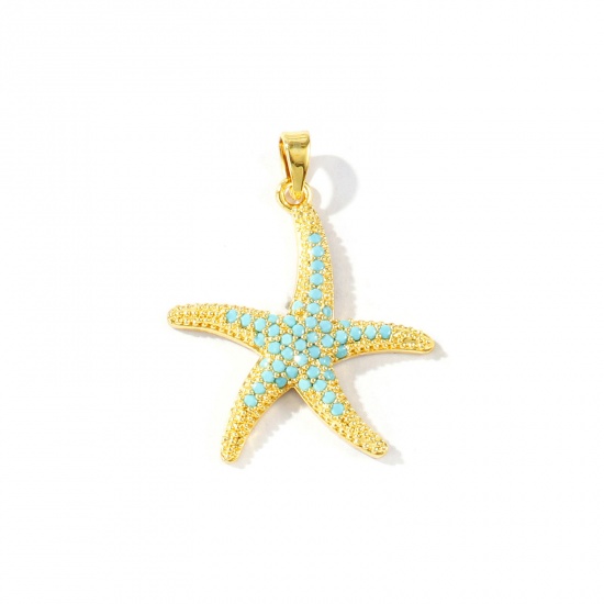 Imagen de 2 Unidades Latón Joyería del océano Colgantes Al Por Mayor 18K Oro Real Chapado Estrella de mar Micro Pave Azul Circón Artificial 3.1cm x 2.4cm