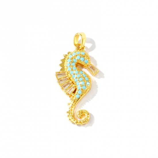 Imagen de 2 Unidades Latón Joyería del océano Colgantes Al Por Mayor 18K Oro Real Chapado Caballito de mar Micro Pave Azul Circón Artificial 3.2cm x 1.4cm