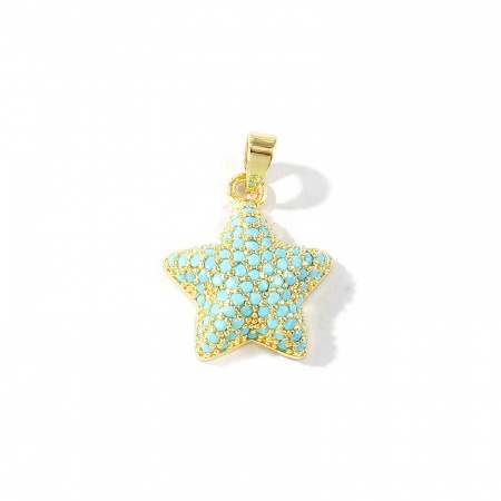 Imagen de 2 Unidades Latón Galaxia Colgantes Charms Al Por Mayor 18K Oro Real Chapado Estrellas de cinco puntos Micro Pave Azul Circón Artificial 23mm x 15mm