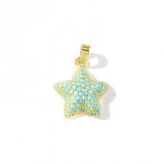 Imagen de 2 Unidades Latón Galaxia Colgantes Charms Al Por Mayor 18K Oro Real Chapado Estrellas de cinco puntos Micro Pave Azul Circón Artificial 23mm x 15mm