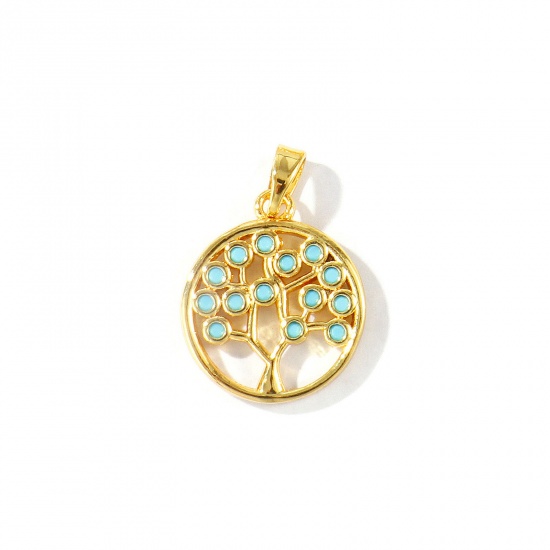 Imagen de 2 Unidades Latón Colgantes Charms Al Por Mayor 18K Oro Real Chapado Ronda Árbol de la Vida Micro Pave Azul Circón Artificial 23mm x 15mm