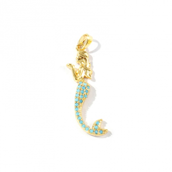 Imagen de 2 Unidades Latón Joyería del océano Colgantes Al Por Mayor 18K Oro Real Chapado Sirena Micro Pave Azul Circón Artificial 3.7cm x 1cm