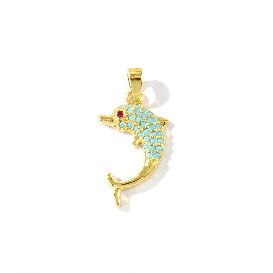 Imagen de 2 Unidades Latón Joyería del océano Colgantes Charms Al Por Mayor 18K Oro Real Chapado Delfín Micro Pave Azul Circón Artificial 26mm x 13mm