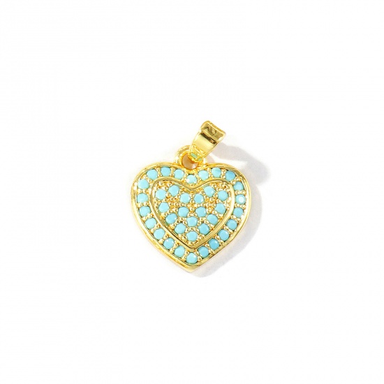 Imagen de 2 Unidades Latón día de San Valentín Colgantes Charms Al Por Mayor 18K Oro Real Chapado Corazón Micro Pave Azul Circón Artificial 18mm x 13mm