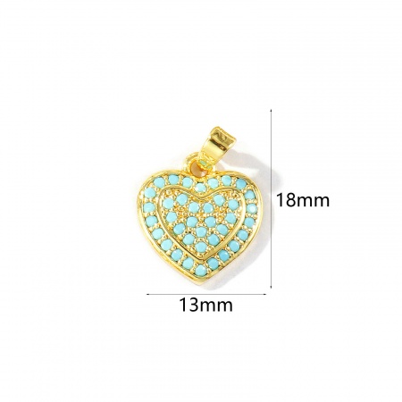 Imagen de 2 Unidades Latón día de San Valentín Colgantes Charms Al Por Mayor 18K Oro Real Chapado Corazón Micro Pave Azul Circón Artificial 18mm x 13mm