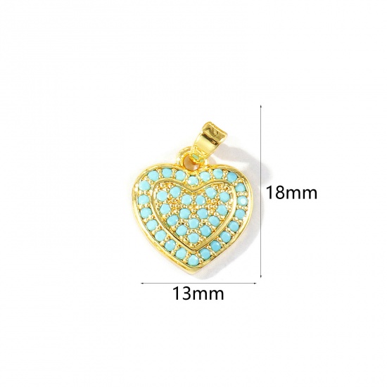 Imagen de 2 Unidades Latón día de San Valentín Colgantes Charms Al Por Mayor 18K Oro Real Chapado Corazón Micro Pave Azul Circón Artificial 18mm x 13mm