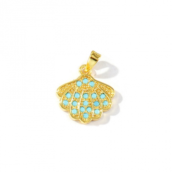 Imagen de 2 Unidades Latón Joyería del océano Colgantes Charms Al Por Mayor 18K Oro Real Chapado Concha Micro Pave Azul Circón Artificial 20mm x 15mm