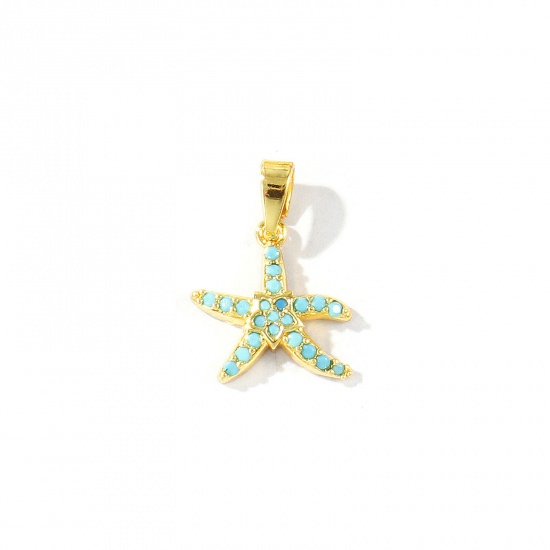 Imagen de 2 Unidades Latón Joyería del océano Colgantes Charms Al Por Mayor 18K Oro Real Chapado Estrella de mar Micro Pave Azul Circón Artificial 17mm x 12mm