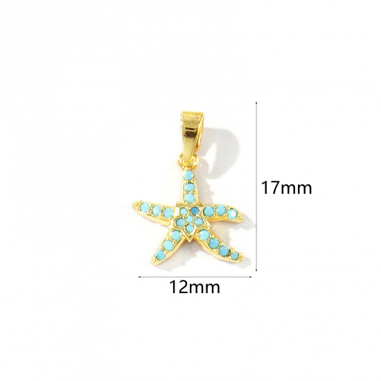 Imagen de 2 Unidades Latón Joyería del océano Colgantes Charms Al Por Mayor 18K Oro Real Chapado Estrella de mar Micro Pave Azul Circón Artificial 17mm x 12mm