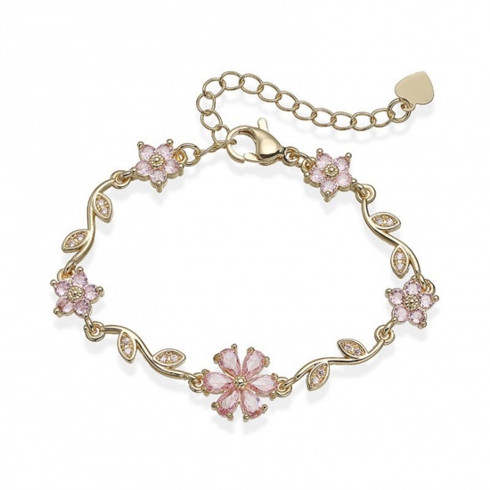 Picture of Wholesale Flower Pink Rhinestone Brass Bracelets, 18K Gold Plated Women's Pastoral Style Stylish Gift Jewelry Supply, 14cm(5.5") + 5cm(2") long, 1 Piece