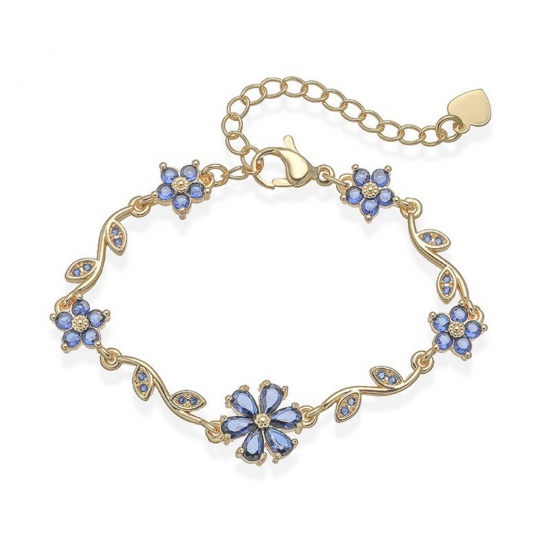 Picture of Wholesale Flower Blue Rhinestone Brass Bracelets, 18K Gold Plated Women's Pastoral Style Stylish Gift Jewelry Supply, 14cm(5.5") + 5cm(2") long, 1 Piece