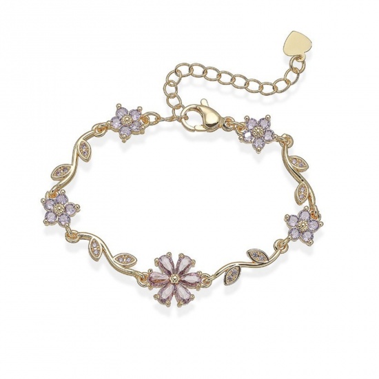 Picture of Wholesale Flower Purple Rhinestone Brass Bracelets, 18K Gold Plated Women's Pastoral Style Stylish Gift Jewelry Supply, 14cm(5.5") + 5cm(2") long, 1 Piece
