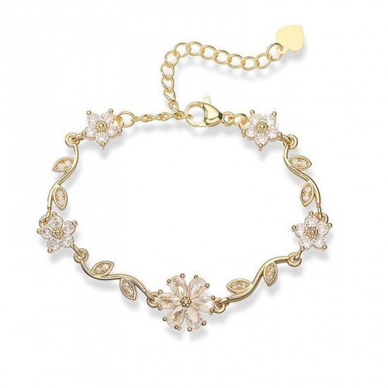 Picture of Wholesale Flower Clear Rhinestone Brass Bracelets, 18K Gold Plated Women's Pastoral Style Stylish Gift Jewelry Supply, 14cm(5.5") + 5cm(2") long, 1 Piece
