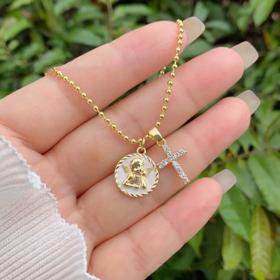 Bild von Großhandel Kreuz Anhänger Halskette, 18K Vergoldet Messing Kugelkette Kette, Frauen Religiös Stilvoll Geschenk Schmuck für Einzelhändler, 45cm + 5cm lang, 1 Strang