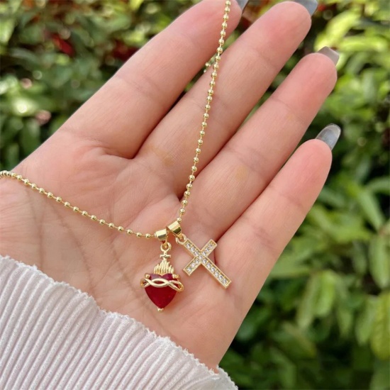 Bild von Großhandel Ex Voto Herz Anhänger Halskette, 18K Vergoldet Messing Kugelkette Kette, Frauen Religiös Stilvoll Geschenk Schmuck für Einzelhändler, 45cm + 5cm lang, 1 Strang