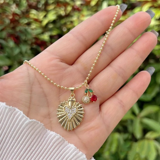 Bild von Großhandel Kirsche Anhänger Halskette, 18K Vergoldet Messing Kugelkette Kette, Frauen Exquisit Stilvoll Geschenk Schmuck für Einzelhändler, 45cm + 5cm lang, 1 Strang