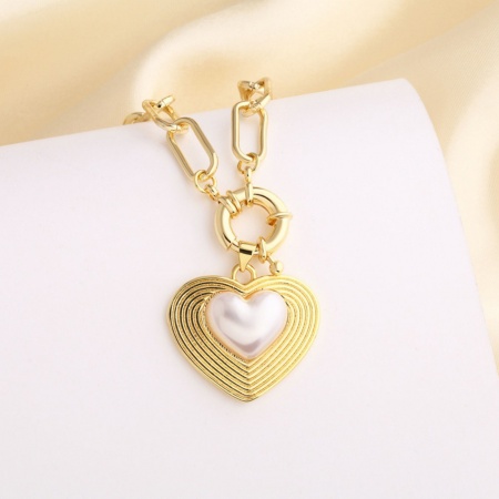 Picture of Wholesale Heart Acrylic Imitation Pearl Pendant Charm Necklace, 18K Gold Plated Brass Paperclip Link Chain, Women's Valentine's Day Stylish Gift Jewelry For Retailer, 50cm(19.7") long, 1 Piece