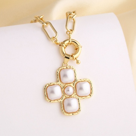 Picture of Wholesale Cross Acrylic Imitation Pearl Pendant Charm Necklace, 18K Gold Plated Brass Paperclip Link Chain, Women's Religious Stylish Gift Jewelry For Retailer, 50cm(19.7") long, 1 Piece