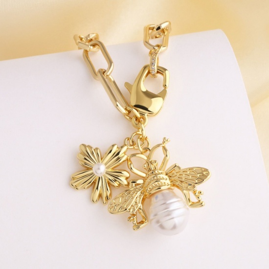 Picture of Wholesale Flower Acrylic Imitation Pearl Pendant Charm Necklace, 18K Gold Plated Brass Paperclip Link Chain, Women's Exquisite Stylish Gift Jewelry For Retailer, 46cm(18.1") long, 1 Piece