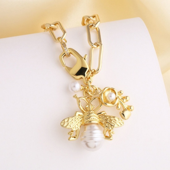 Picture of Wholesale Bee Animal Acrylic Imitation Pearl Pendant Charm Necklace, 18K Gold Plated Brass Paperclip Link Chain, Women's Exquisite Stylish Gift Jewelry For Retailer, 45cm(17.7") + 5cm(2") long, 1 Piece
