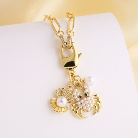 Picture of Wholesale Crab Animal Acrylic Imitation Pearl Pendant Charm Necklace, 18K Gold Plated Brass Paperclip Link Chain, Women's Ocean Jewelry Stylish Gift Jewelry For Retailer, 45cm(17.7") + 5cm(2") long, 1 Piece