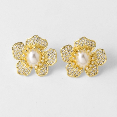 Immagine di Squisito Elegante Orecchini a Perno All'Ingrosso, Perla Imitato Acrilico Placcato Oro 18K Ottone, Regalo Fornitura di Gioielli, 23mm x 22mm, 1 Paio