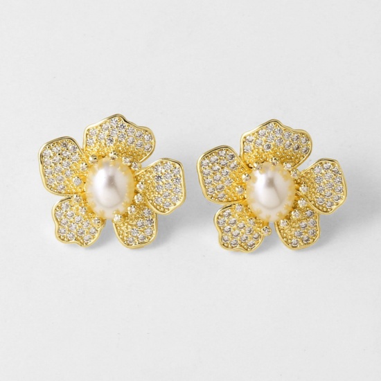 Imagen de Exquisito Elegante Pendientes de Poste de Oreja Al Por Mayor, Acrílico Imitación de Perla Chapado en Oro de 18K Latón, Regalo Suministro de Joyería, 23mm x 22mm, 1 Par