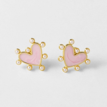 Picture of Wholesale Valentine's Day Stylish Ear Post Stud Earrings, Heart Pink Acrylic Imitation Pearl 18K Gold Plated Brass, Gift Jewelry Supply, 16mm x 14mm, 1 Pair