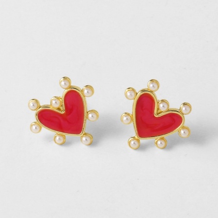 Picture of Wholesale Valentine's Day Stylish Ear Post Stud Earrings, Heart Red Acrylic Imitation Pearl 18K Gold Plated Brass, Gift Jewelry Supply, 16mm x 14mm, 1 Pair