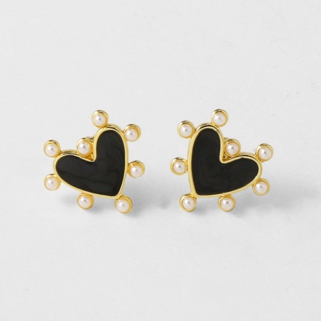 Picture of Wholesale Valentine's Day Stylish Ear Post Stud Earrings, Heart Black Acrylic Imitation Pearl 18K Gold Plated Brass, Gift Jewelry Supply, 16mm x 14mm, 1 Pair