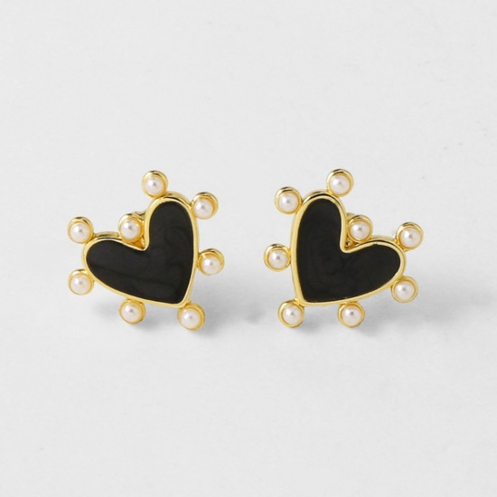 Picture of Wholesale Valentine's Day Stylish Ear Post Stud Earrings, Heart Black Acrylic Imitation Pearl 18K Gold Plated Brass, Gift Jewelry Supply, 16mm x 14mm, 1 Pair