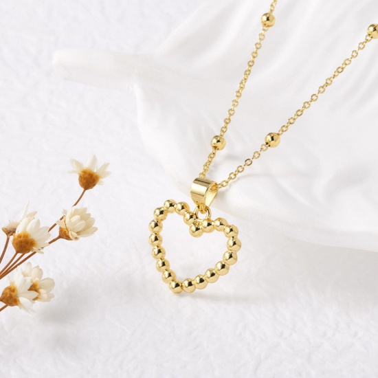 Picture of Wholesale Heart Pendant Charm Necklace, 18K Gold Plated Brass Women's Valentine's Day Stylish Gift Jewelry For Retailer, 45cm(17.7") + 5cm(2") long, 1 Piece