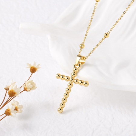Picture of Wholesale Cross Pendant Charm Necklace, 18K Gold Plated Brass Women's Religious Stylish Gift Jewelry For Retailer, 45cm(17.7") + 5cm(2") long, 1 Piece