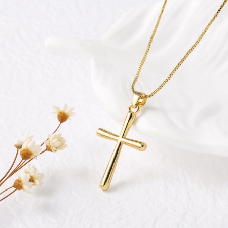 Picture of Wholesale Cross Pendant Charm Necklace, 18K Gold Plated Brass Women's Religious Stylish Gift Jewelry For Retailer, 45cm(17.7") + 5cm(2") long, 1 Piece