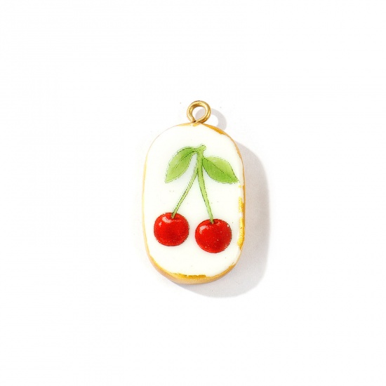 Picture of 2 PCs Eco-friendly PVD Waterproof Anti-Tarnish Hypoallergenic 304 Stainless Steel & Ceramic Pendants Wholesale 18K Real Gold Plated Red Oval Cherry Fruit 3cm x 1.6cm