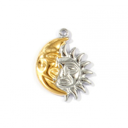 Imagen de 2 Unidades PVD Ecológico Impermeable Antioxidante Hipoalergénico 304 Acero Inoxidable Galaxia Colgantes Al Por Mayor 18K Oro Real Chapado & Tono de Plata Dos Colores Sol & Luna 3.1cm x 2.5cm