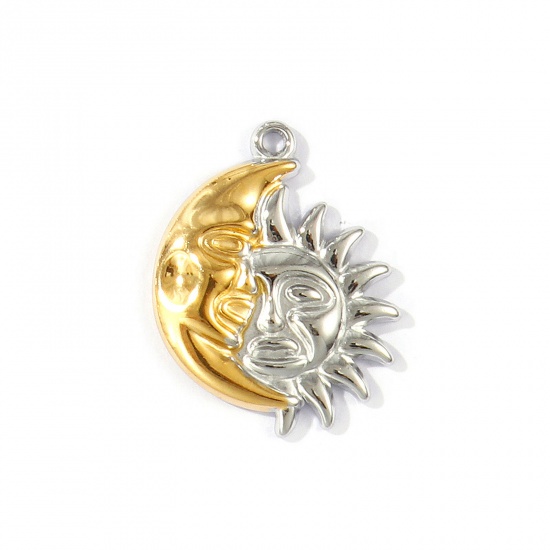 Immagine di 2 Pz PVD Ecologica Impermeabile Anti-Ossidante Ipoallergenico 304 Acciaio Inossidabile Galassia Ciondoli Pendenti All'Ingrosso 18K Vero Oro Placcato & Tono Argento Doppio Colore Sole & Luna 3.1cm x 2.5cm
